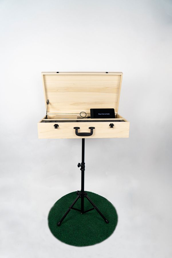 Fruit Study Field Kit, computer, scale, wood, and stand by Ryan Erickson