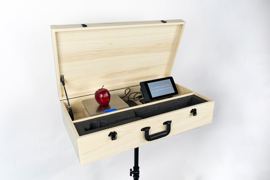 Fruit Study Field Kit, computer, scale, wood, and stand by Ryan Erickson