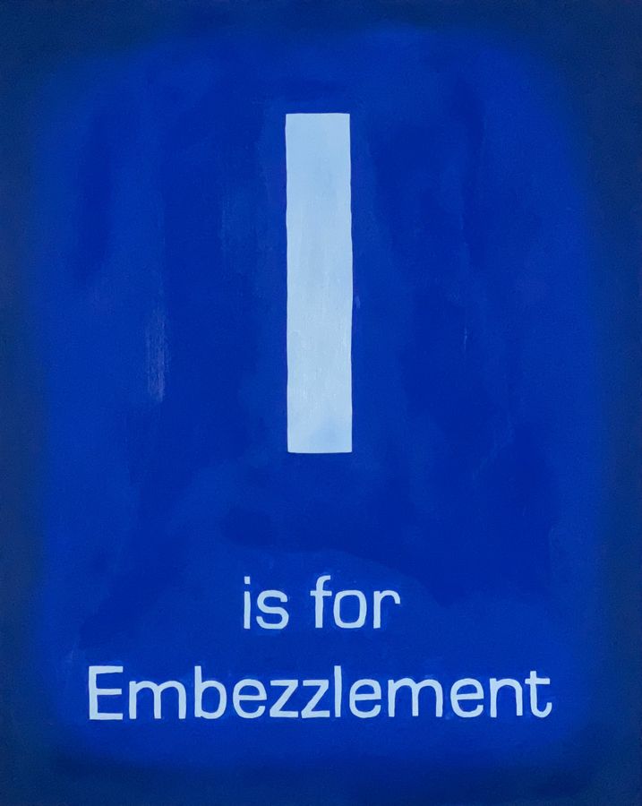 I is for Embezzlement, oil on panel by Ryan Erickson